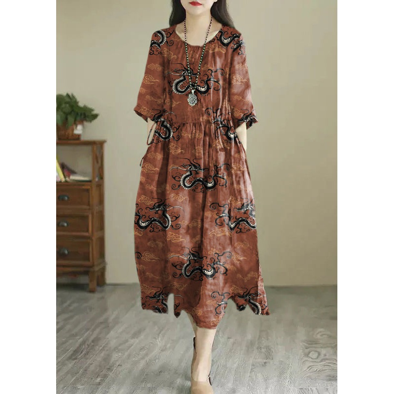 Vintage Brown Dragon O-Neck Print Wrinkled Long Dress Summer