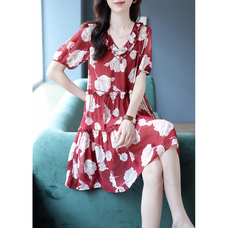 Vogue Red V Neck Print Ruffled Wrinkled Chiffon Mid Dresses Short Sleeve