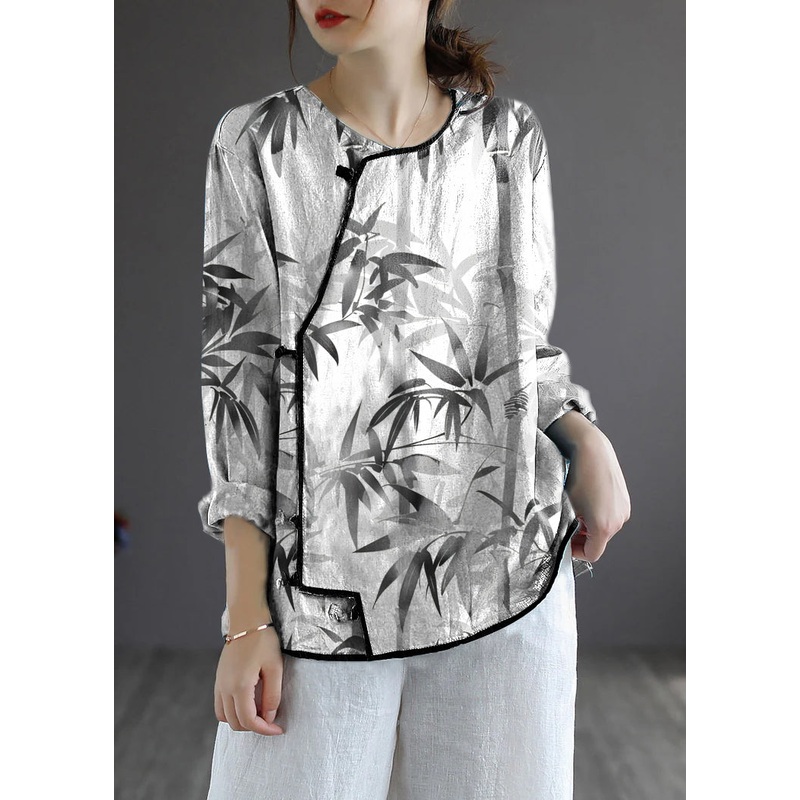 White Bamboo Loose Linen Shirt Tops Embroidered Long Sleeve