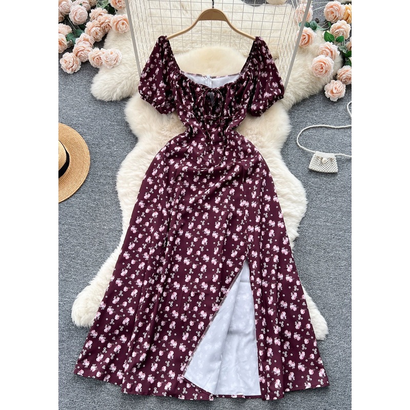 Wine Red Print Cotton Long Dresses Square Collar Short Sleeve