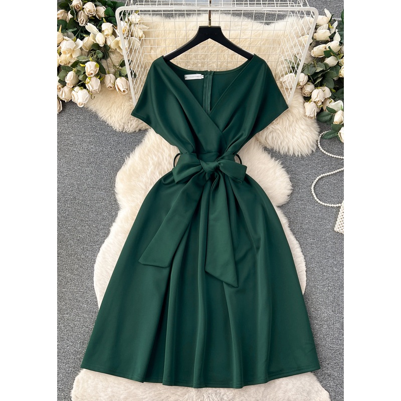 Women Blackish Green V Neck Zippered Tie Waist Spandex Dresses Summer