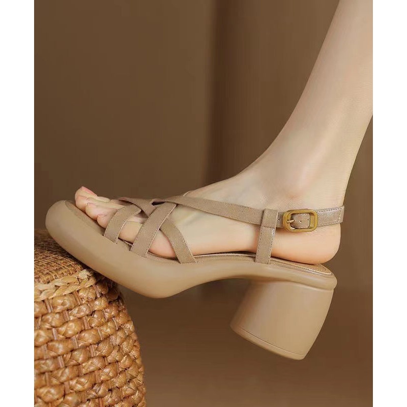2024 Splicing Chunky Sandals Apricot Cowhide Leather Peep Toe