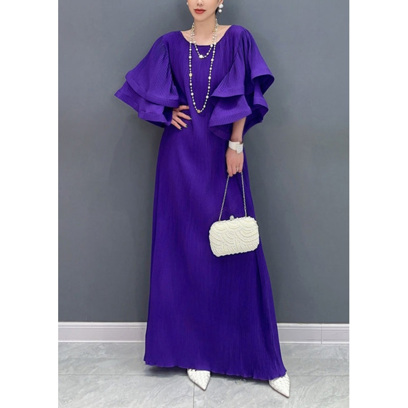 Beautiful Purple O Neck Wrinkled Long Dresses Butterfly Sleeve