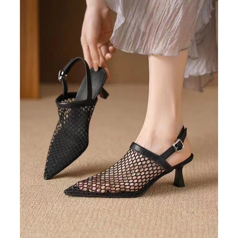 Black Classy High Heel Breathable Mesh Unique Splicing Sandals