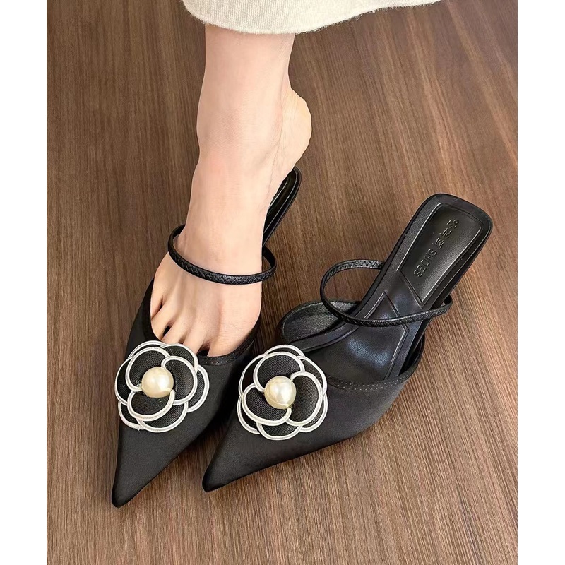 Black High Heel Floral Splicing Slide Sandals Pointed Toe