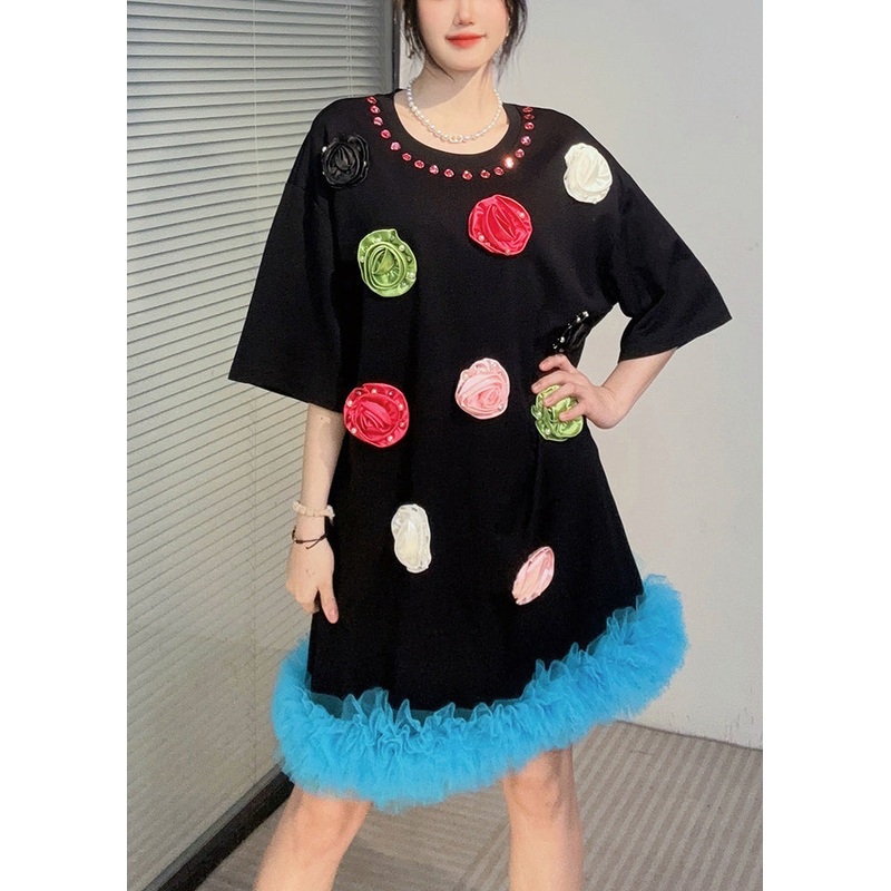 Black Patchwork Cotton T Shirts Dress Ruffled Floral Summer