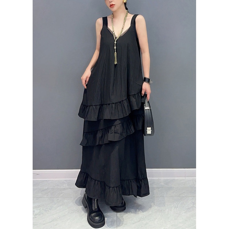 Black Ruffled Patchwork Cotton Long Dresses U Neck Summer