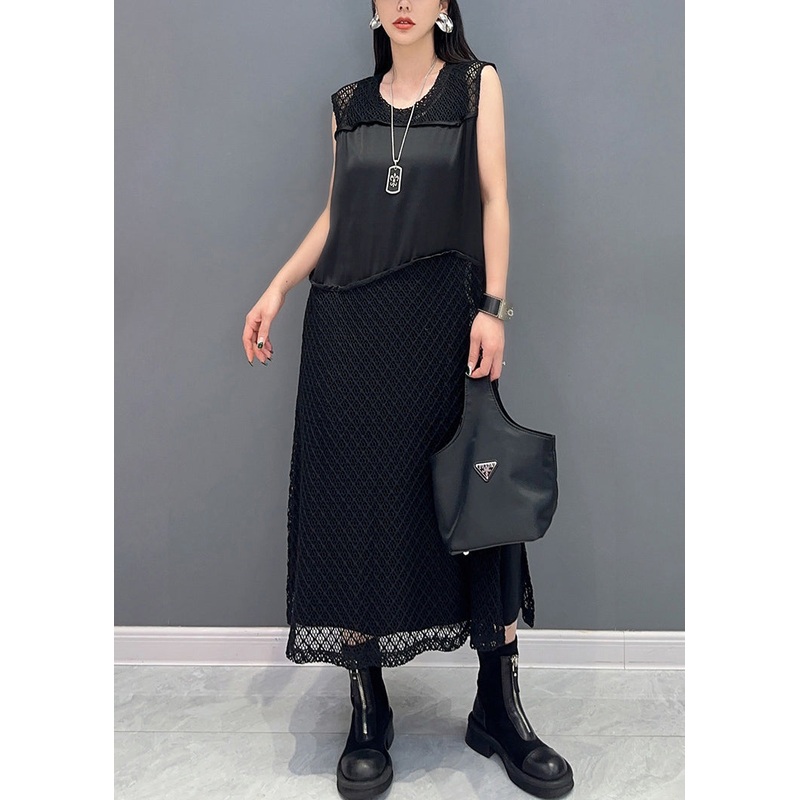Black Side Open Patchwork Knit Dresses O Neck Summer