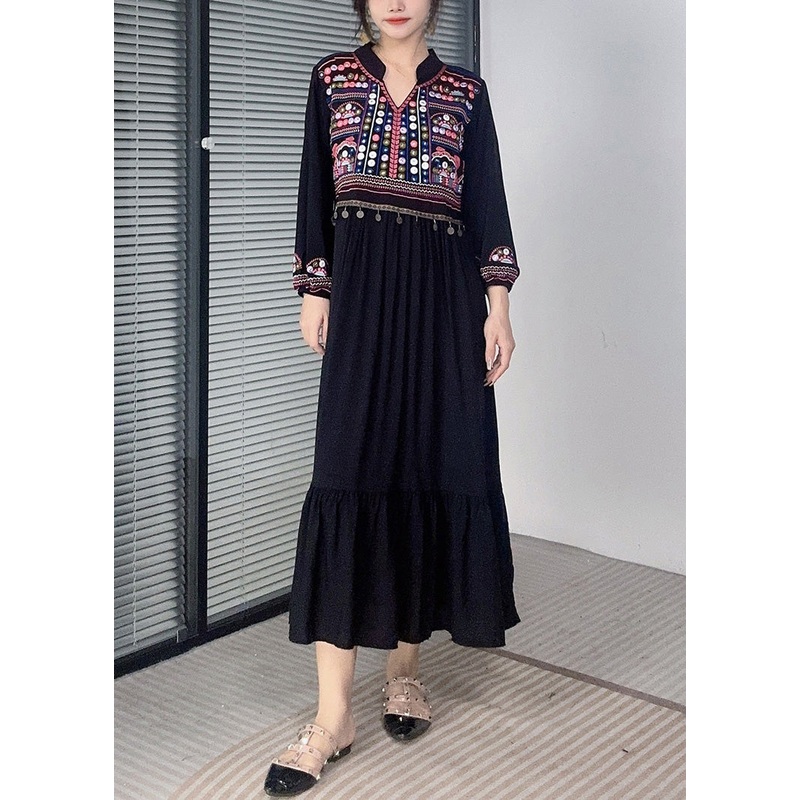 Black Tasseled Solid Cotton Long Dress Embroidered Long Sleeve