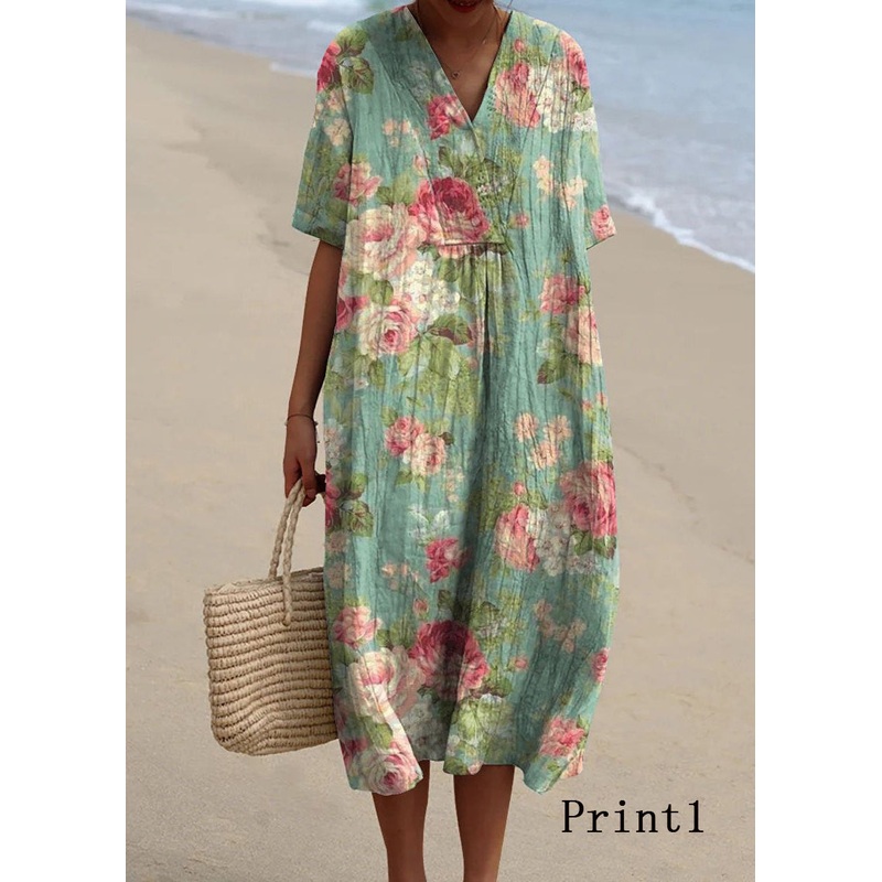 Bohemian V Neck Print Loose Cotton Dress Summer