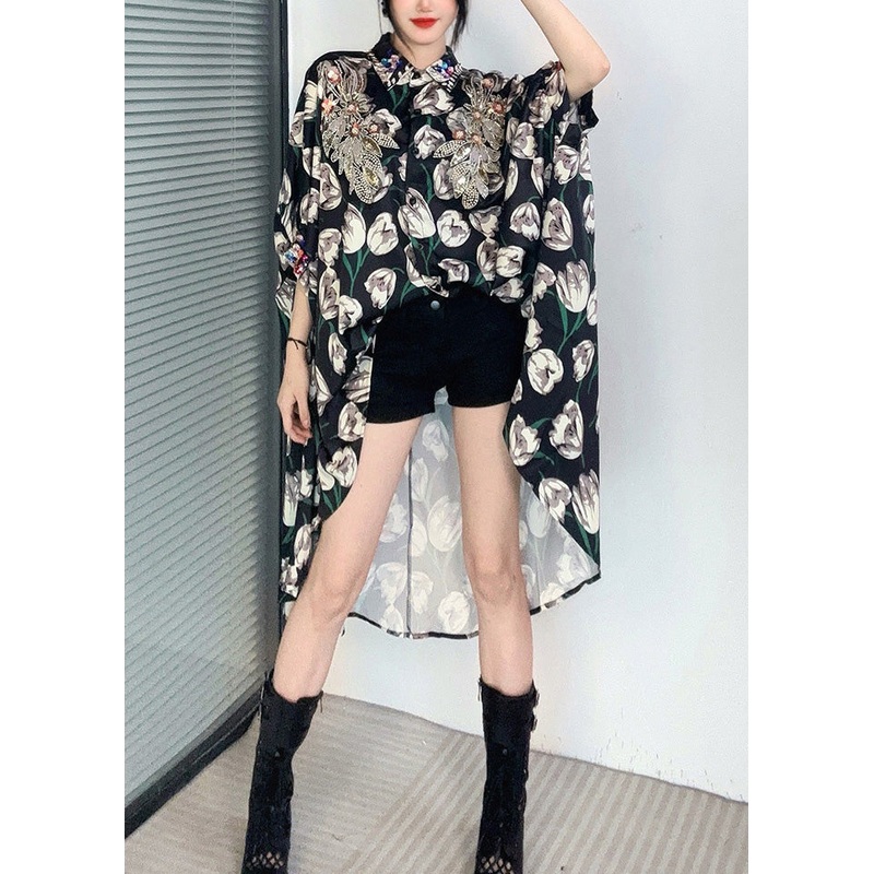 Boutique Black Peter Pan Collar Print Zircon Chiffon Shirts Tops Summer