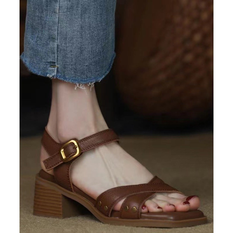 Brown Buckle Strap Splicing Chunky Sandals Peep Toe