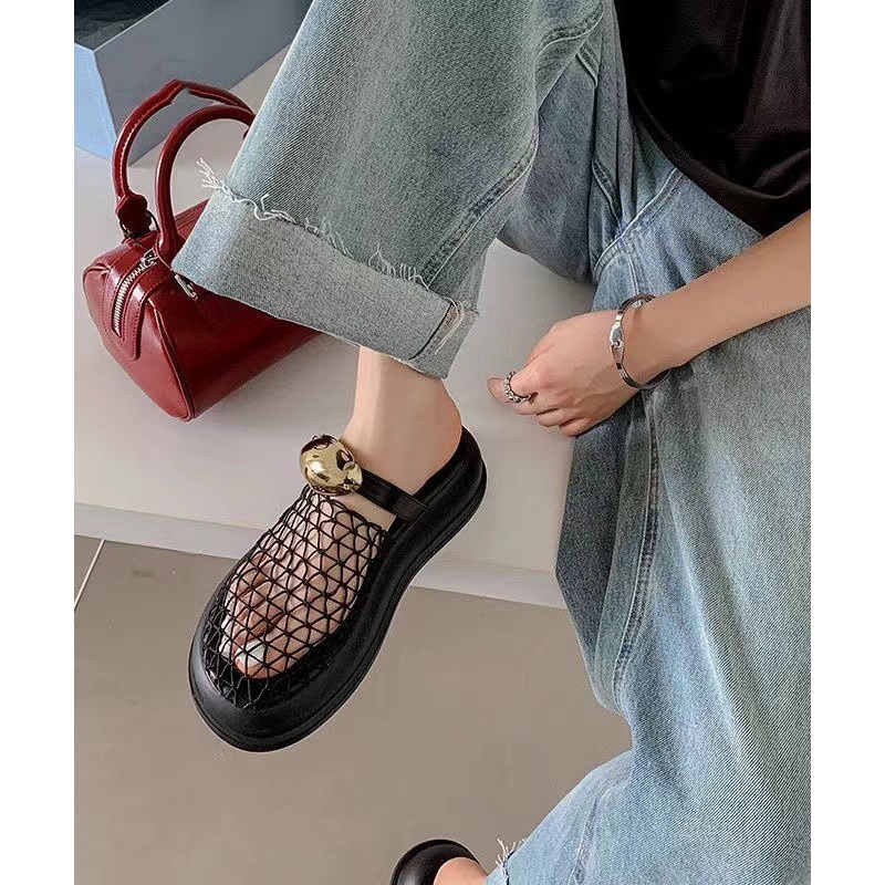 Chic Black Hollow Out Breathable Mesh Platform Slide Sandals