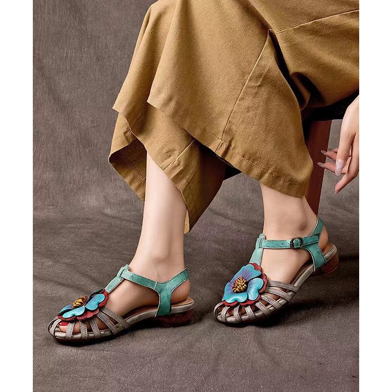Comfy Splicing Wedge Sandals Grey Cowhide Leather Floral Hollow Out
