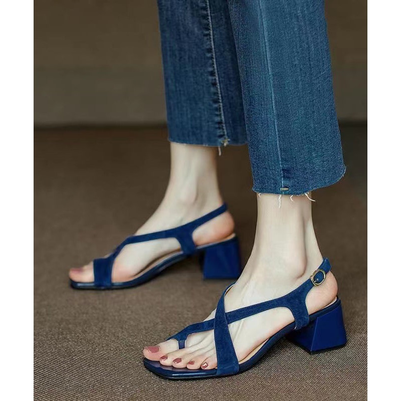 Elegant Hollow Out Chunky Sandals Blue Suede
