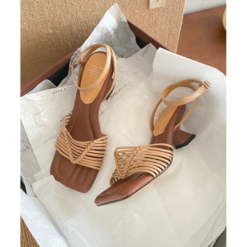 Fine Splicing Buckle Strap Chunky Sandals Brown Faux Leather