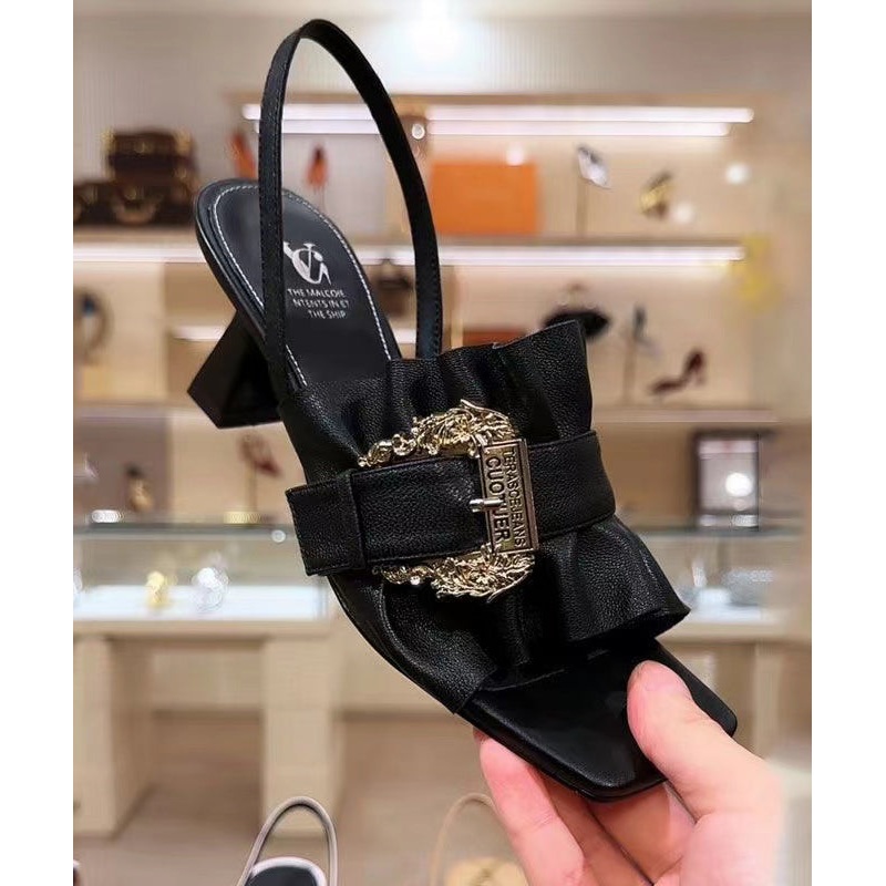 French Chunky Heel Sandals Peep Toe Black Cowhide Leather