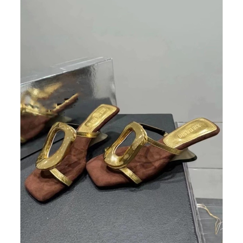 French Splicing Wedge Heels Gold Faux Leather Slide Sandals
