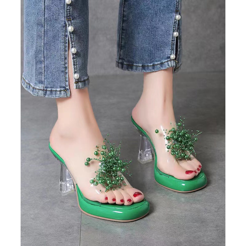 Green Stylish Clear High Heels Splicing Slide Sandals Bead Decorated