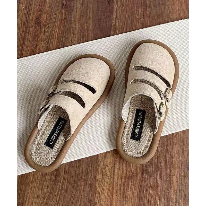 Handmade Comfy Hollow Out Beige Suede Slide Sandals