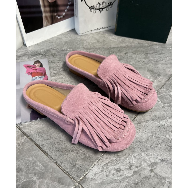 Handmade Comfy Pink Suede Tasseled Splicing Slide Sandals