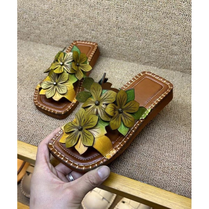 Handmade Cowhide Leather Yellow Green Floral Slide Sandals
