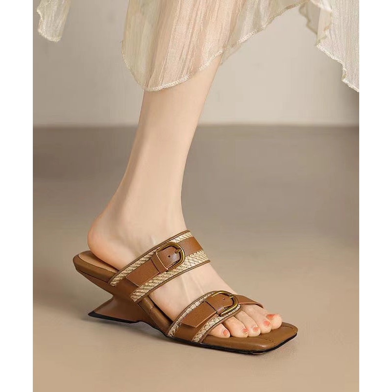Khaki Wedge Boutique Hollow Out Slide Sandals Peep Toe