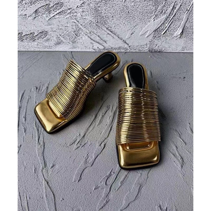 Original Design Gold Chunky Heel Slide Sandals Peep Toe
