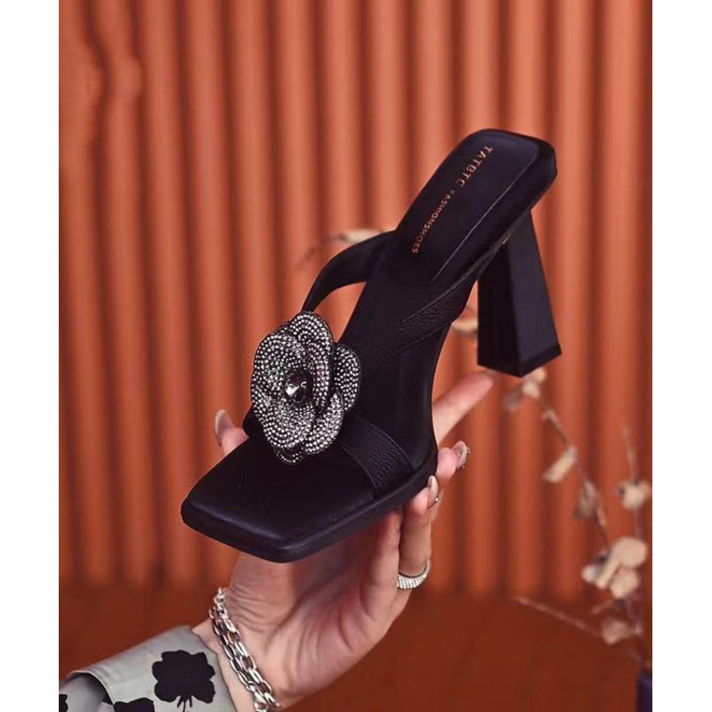 Stylish Black Chunky Heel Slide Sandals Peep Toe