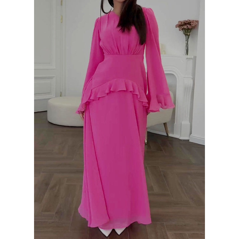 Stylish Rose Ruffled Patchwork Chiffon Dresses Flare Sleeve