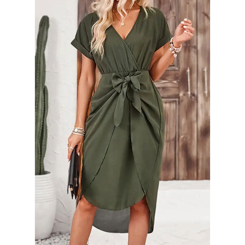 Unique Army Green V Neck Lace Up Chiffon Dress Summer