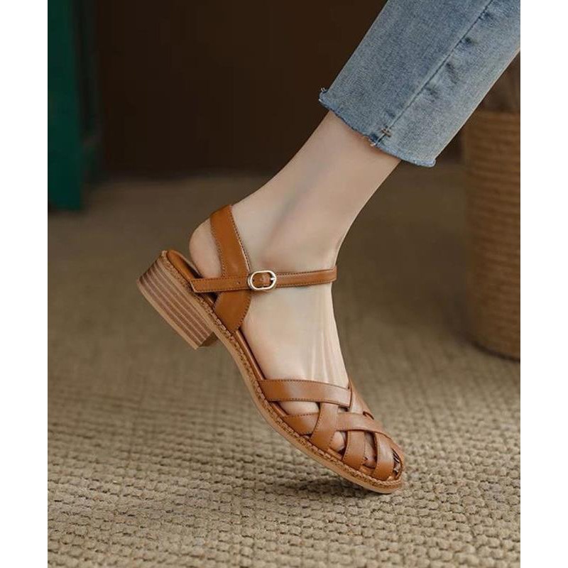 Unique Splicing Chunky Sandals Brown Faux Leather Hollow Out