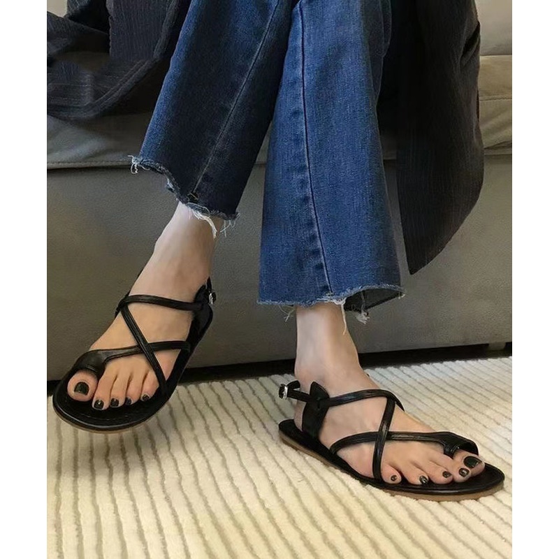 Unique Splicing Sandals Black Faux Leather Hollow Out