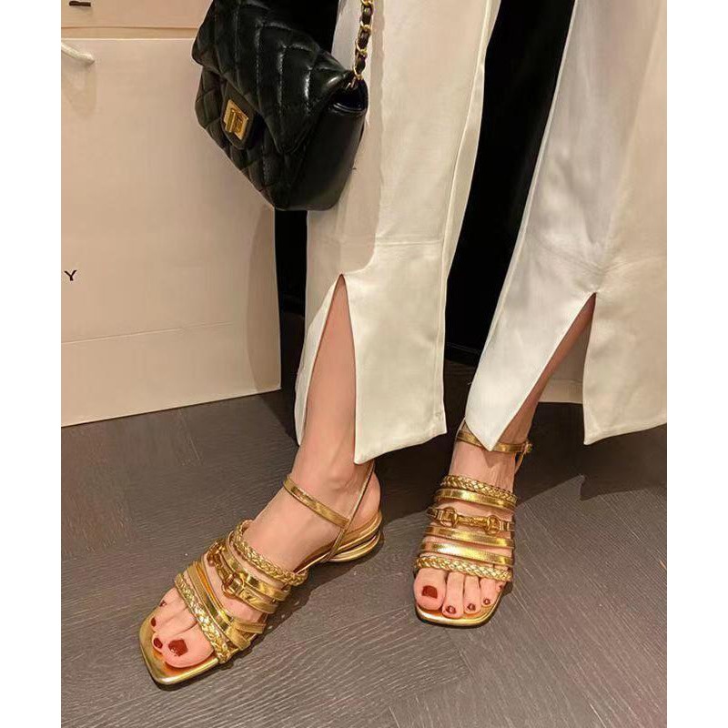 Unique Splicing Sandals Peep Toe Gold Sheepskin Hollow Out