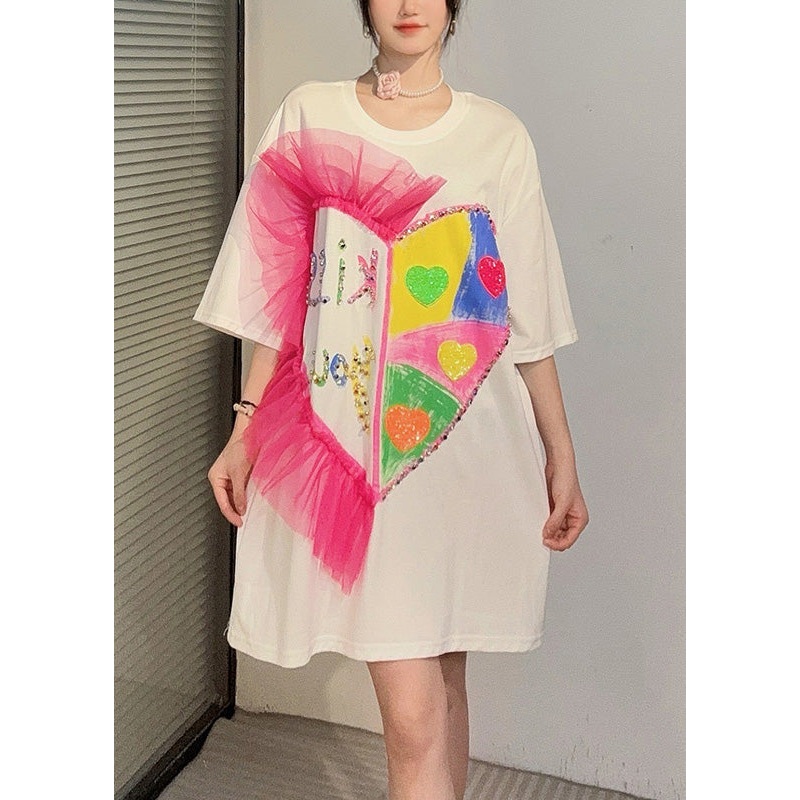 White Patchwork Cotton T Shirt Dress Ruffled Zircon Summer