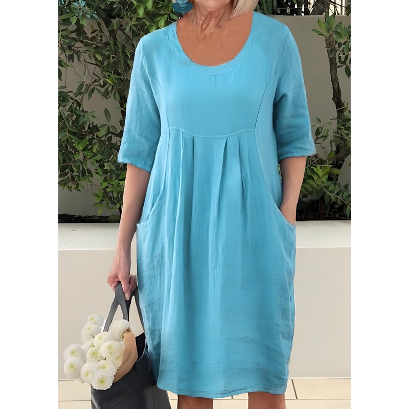 Women Blue O Neck Pockets Patchwork Cotton Dresses Summer