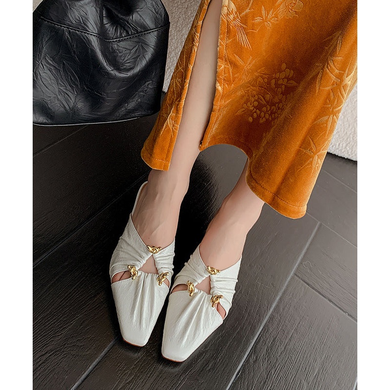 Women Hollow Out Chunky Beige Cowhide Leather Slide Sandals