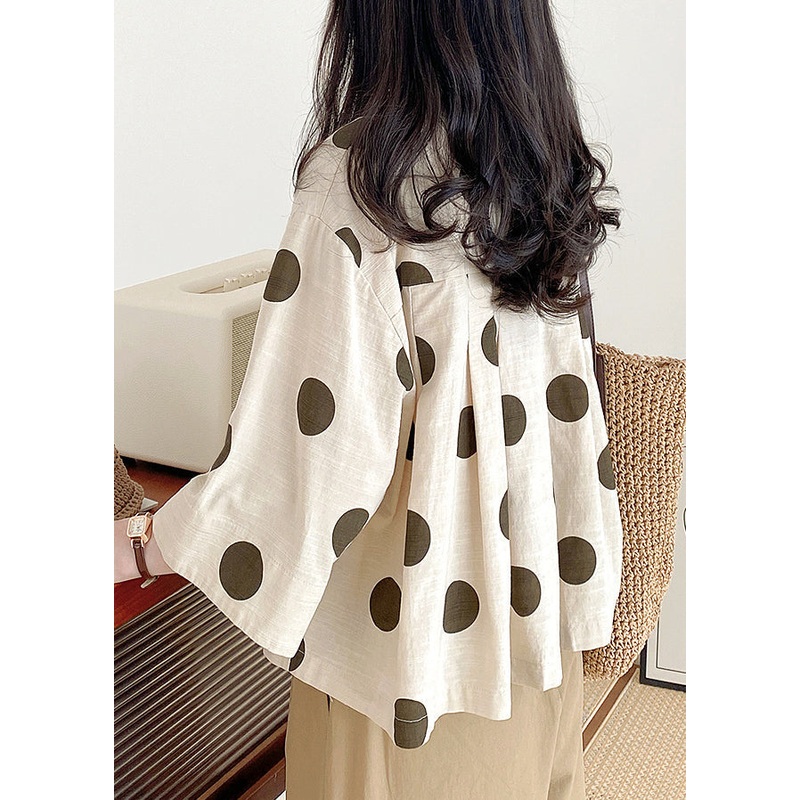 Art Beige Dot Pockets Patchwork Cotton Shirt Bracelet Sleeve