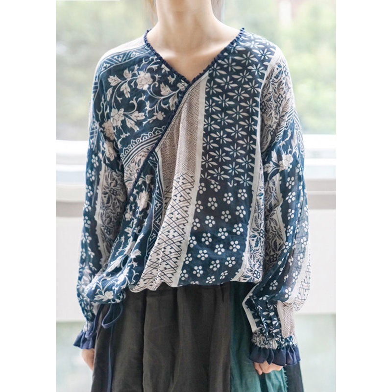 Art Blue V Neck Print Lace Up Cotton Shirt Long Sleeve