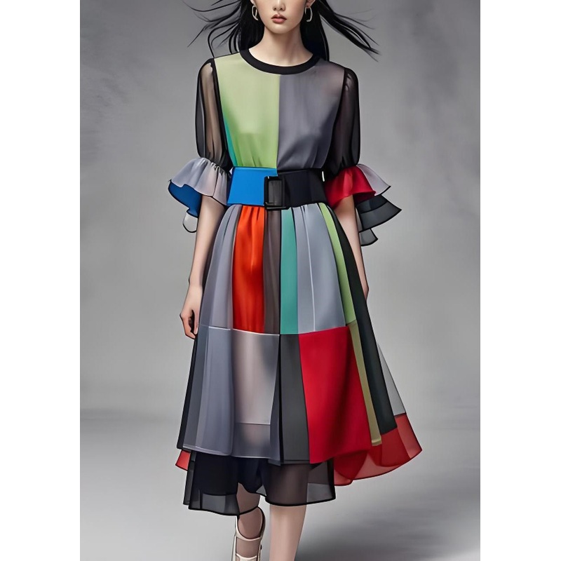 Art Colorblock O Neck Tie Waist Patchwork Chiffon Dress Summer