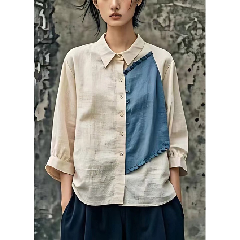 Bohemian Apricot Oversized Patchwork Linen Blouse Tops Bracelet Sleeve