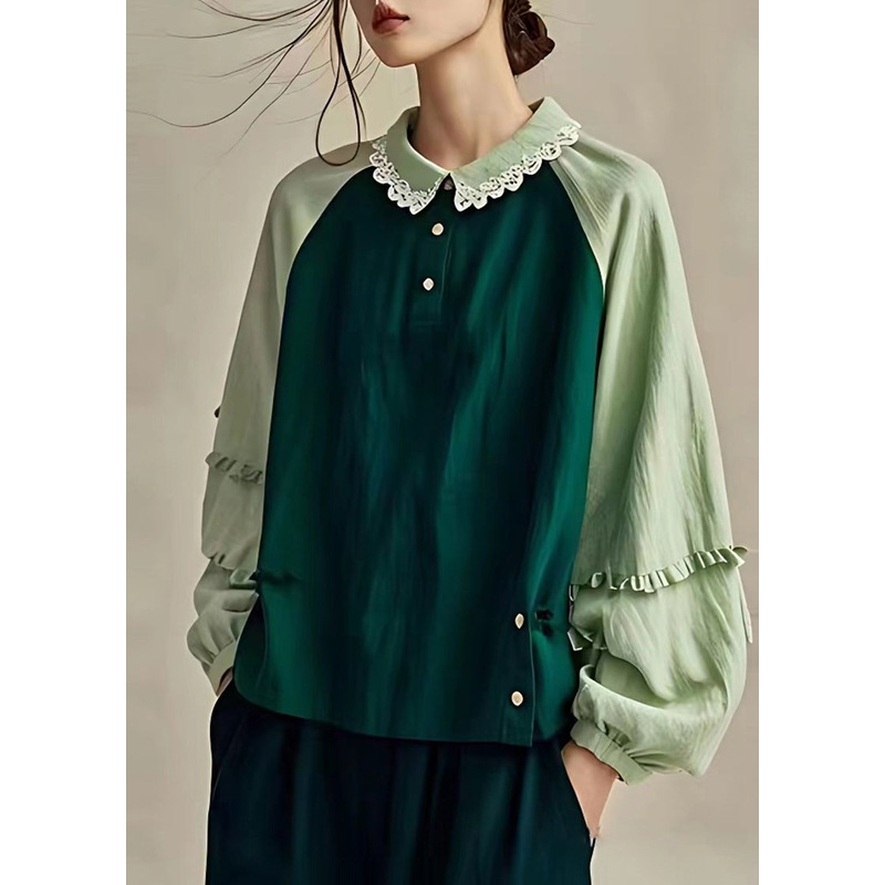 Boho Dull Green Oversized Patchwork Linen Shirts Spring