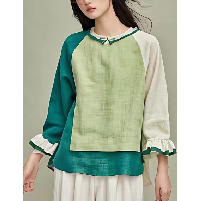Boho Grass Green Asymmetrical Patchwork Linen Blouse Top Summer