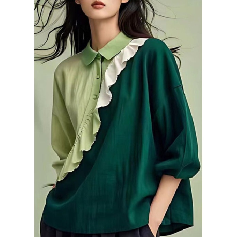 Dull Green Patchwork Linen Shirts Ruffled Spring