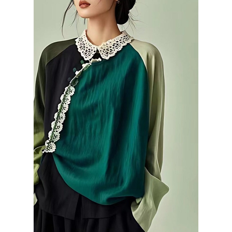Elegant Blackish Green Peter Pan Collar Hollow Out Linen Blouse Long Sleeve