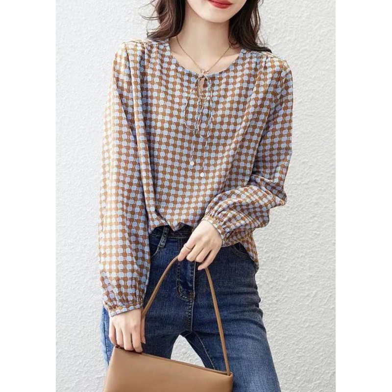 Elegant Coffee Print Lace Up Cotton Blouses Long Sleeve