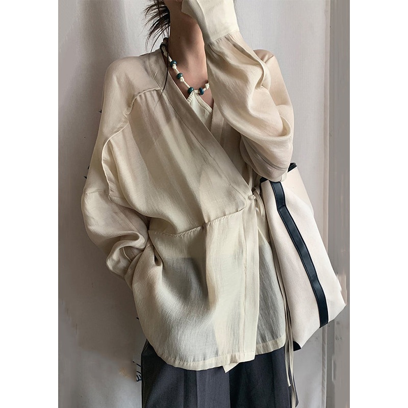 French Apricot V Neck Lace Up Silk Cotton Blouse Long Sleeve