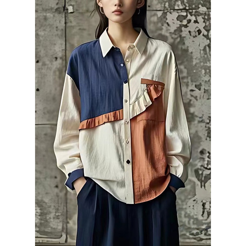 Original White Peter Pan Collar Ruffled Button Cotton Blouses Long Sleeve