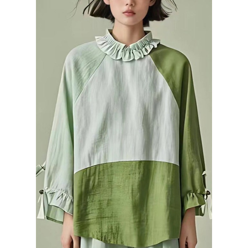 Stylish Light Green Ruffled Patchwork Cotton Blouses Long Sleeve