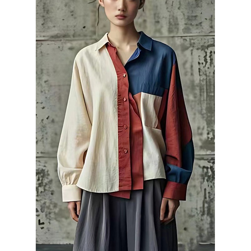 Unique Beige Asymmetrical Button Patchwork Linen Shirt Fall